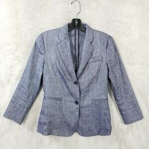 Theory Blazer Womens 2 Blue Chambray Linen Blend Two Button Suit Jacket Office